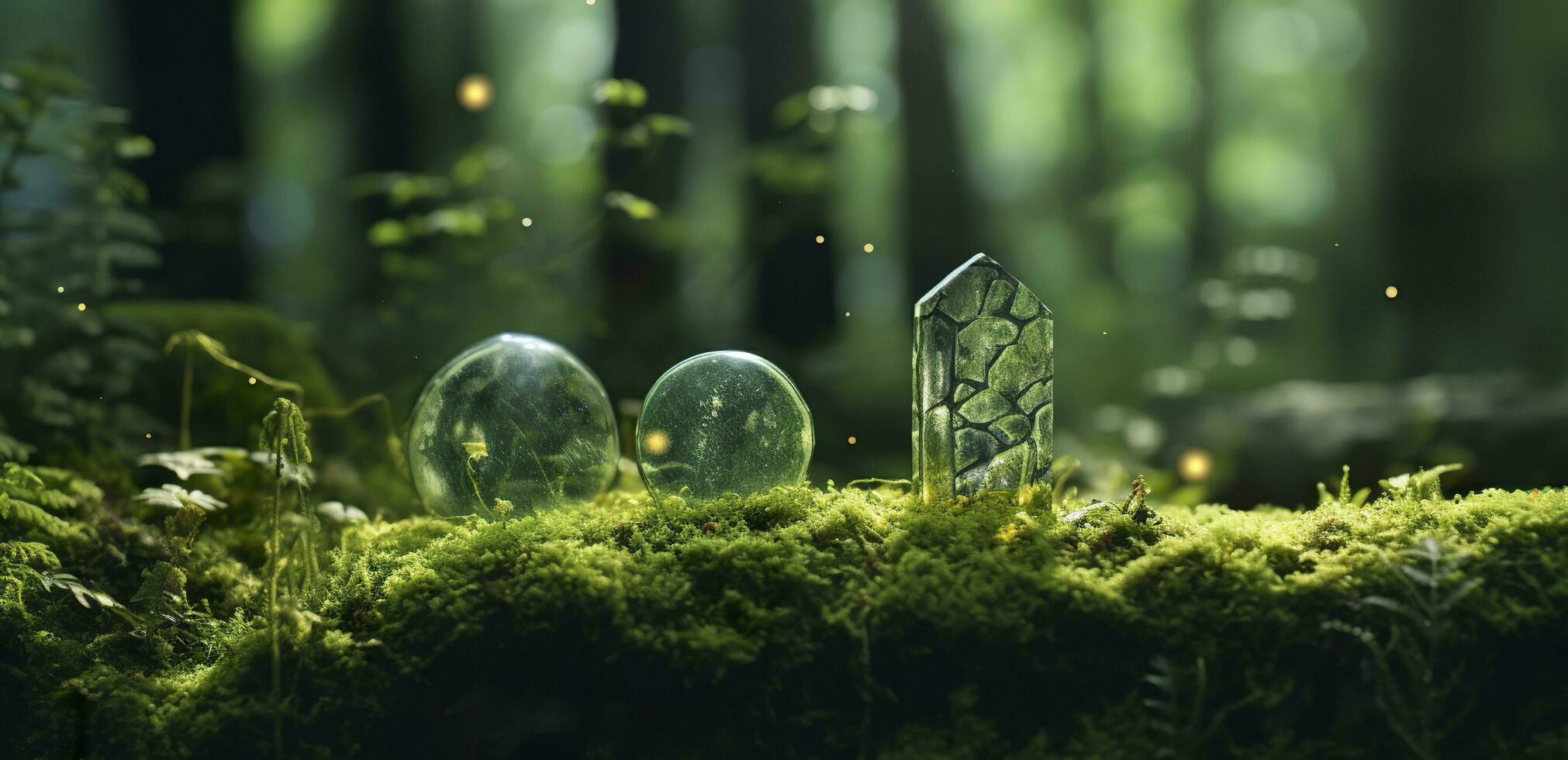 AI generated Crystals with moon phases image of moss in a mysterious forest, natural background. Generative AI photo