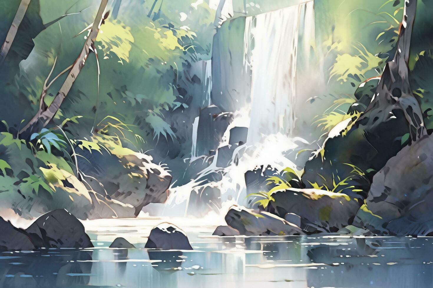 AI generated Watercolor scene of a cascading waterfall surrounded by rainforest. AI Generated. photo