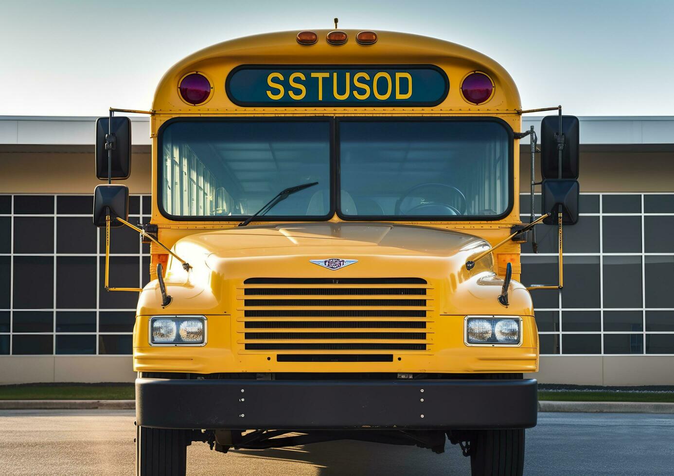 AI generated Front view of a yellow school bus. AI Generated photo