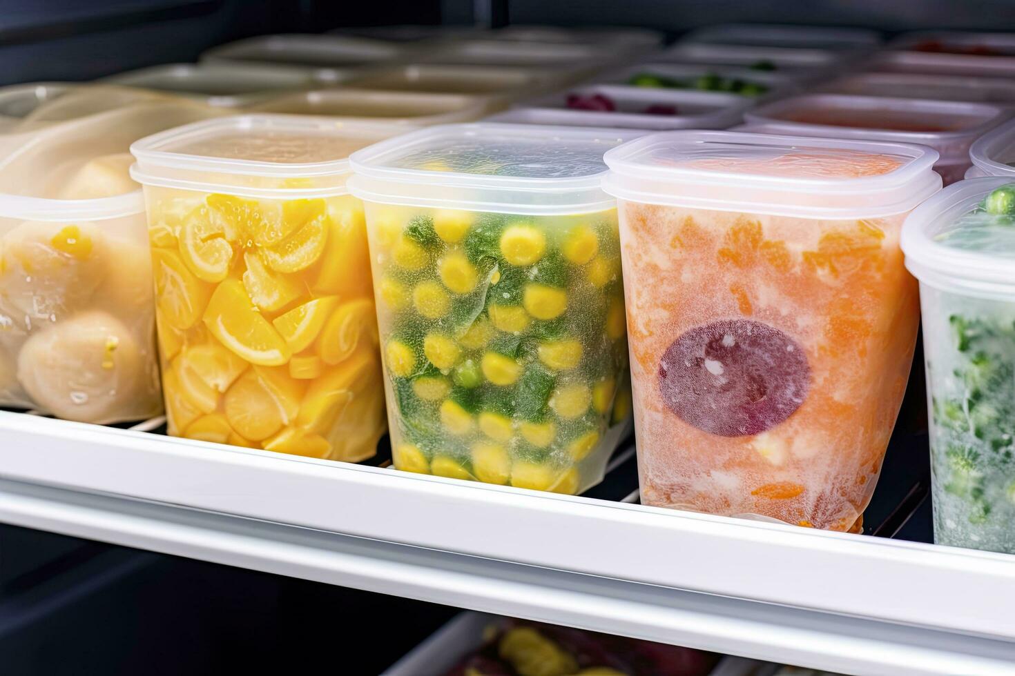 AI generated Frozen food in the freezer. Frozen vegetables. AI Generated photo