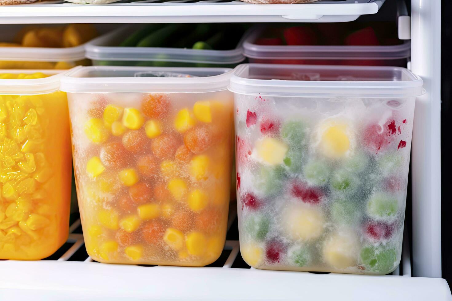 AI generated Frozen food in the freezer. Frozen vegetables. AI Generated photo