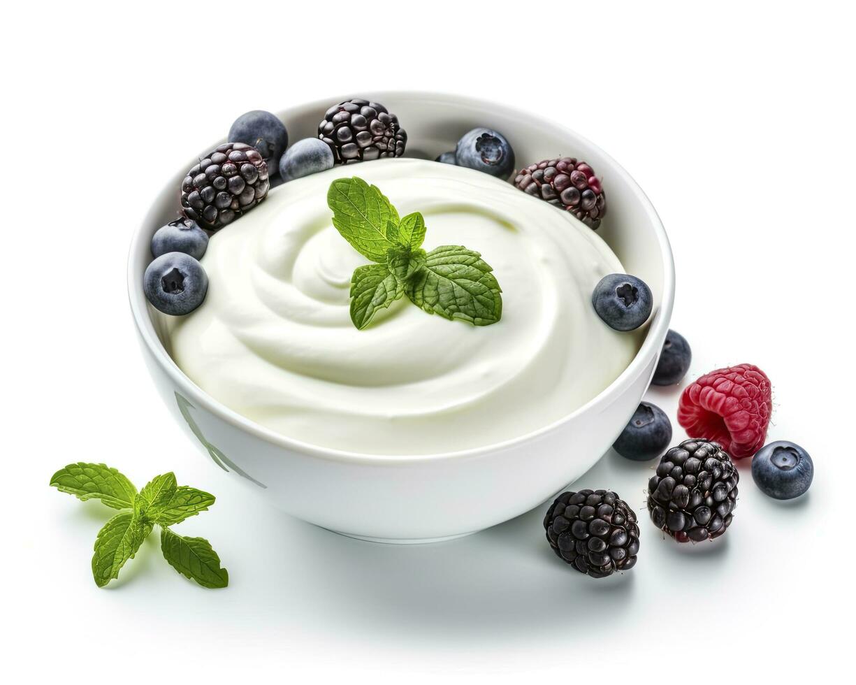 AI generated Green bowl of greek yogurt and fresh berries isolated on white background. AI Generated photo