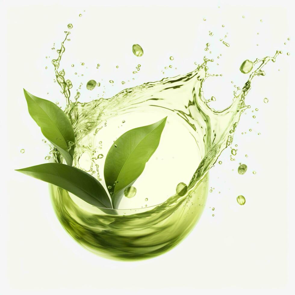 AI generated Green herbal tea wave splash with leaves flow. AI Generated photo