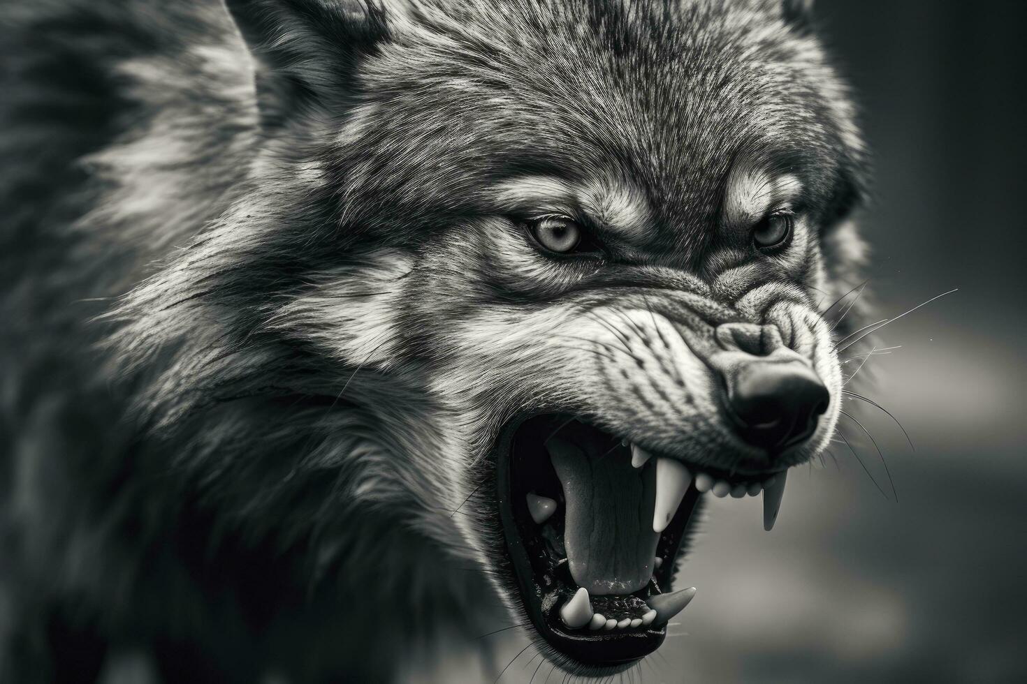 AI generated Greyscale closeup shot of an angry wolf with a blurred background. AI Generated photo