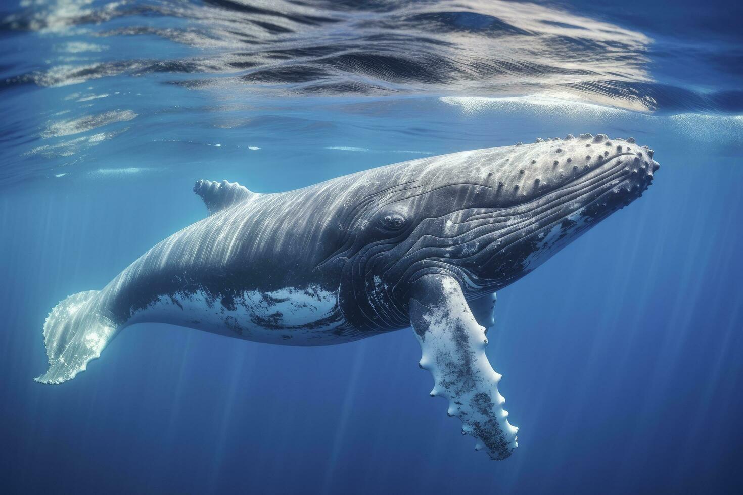 ai generado joven jorobado ballena en azul agua. ai generado foto