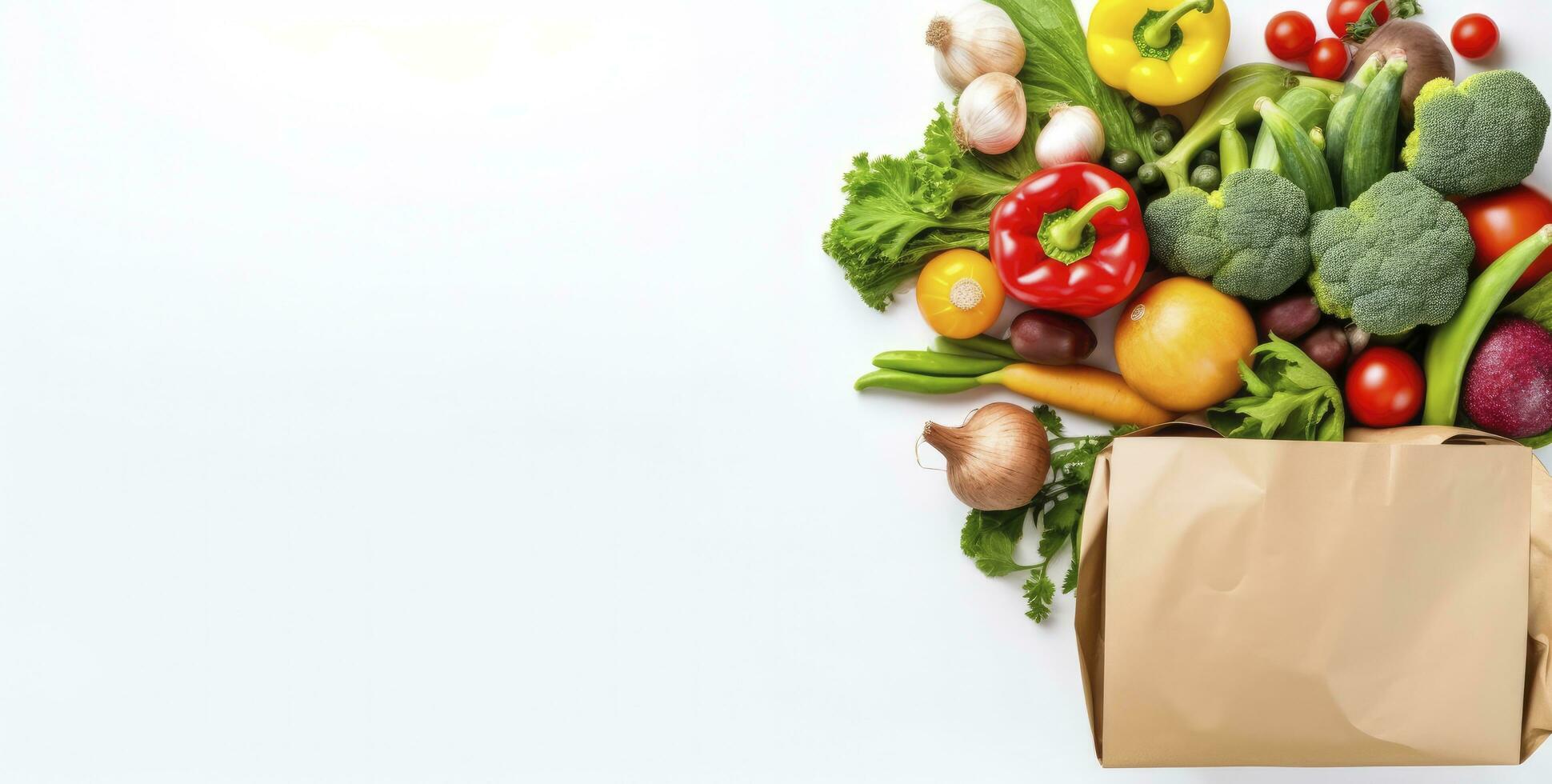 AI generated Healthy food in paper bag vegetables and fruits on white background. AI Generated photo