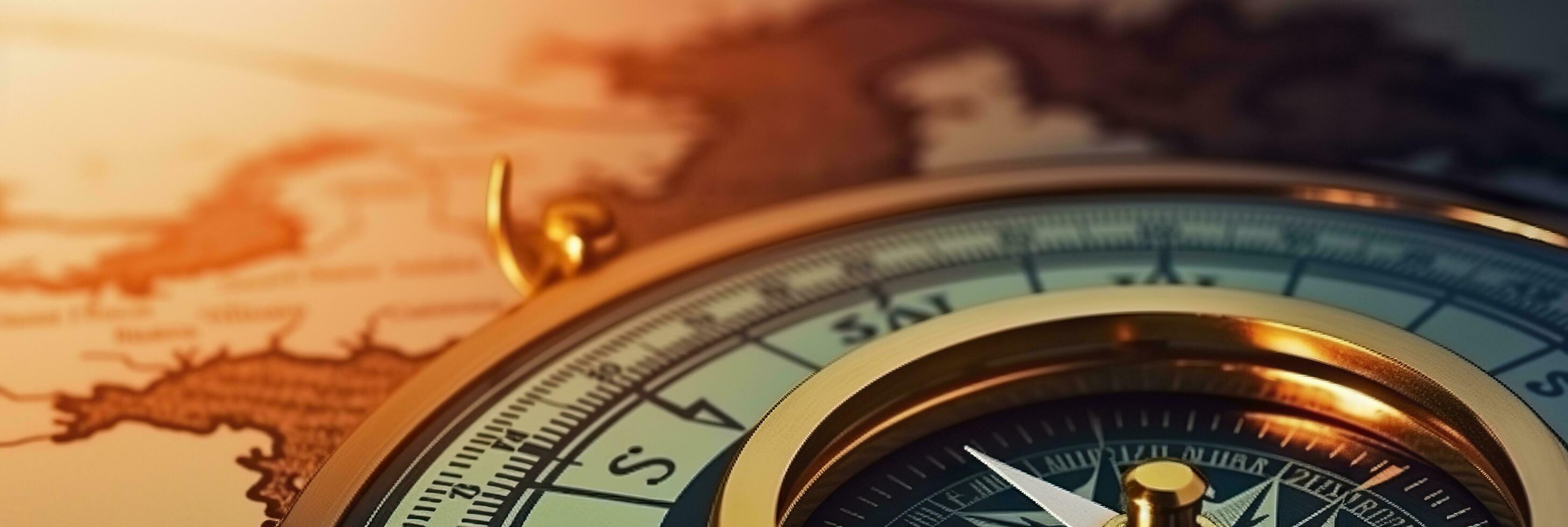 AI generated Magnetic compass and location marking with a pin on routes on world map. AI Generated photo