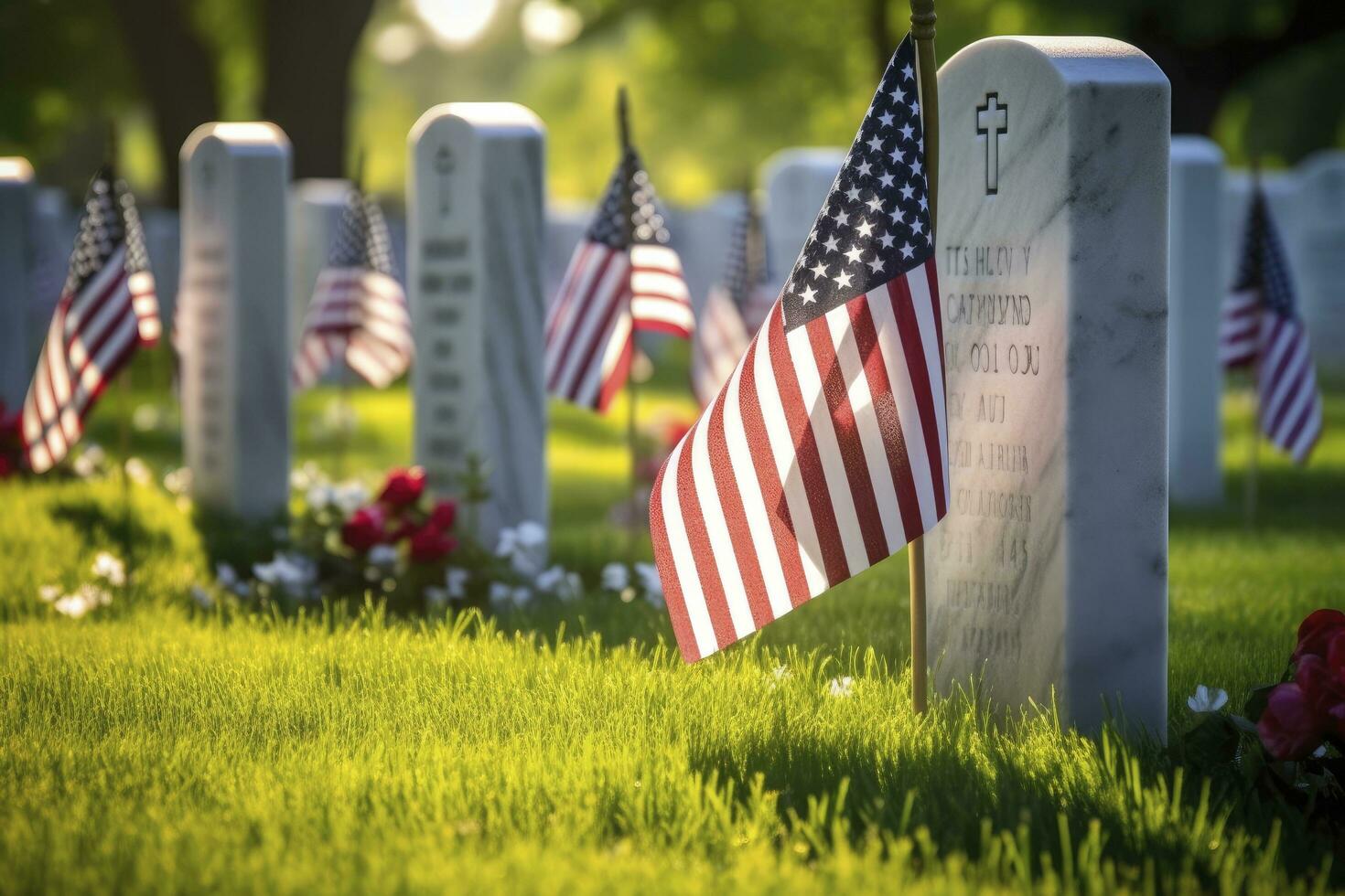 AI generated Military Headstones and Gravestones Decorated With Flags for Memorial Day.  AI Generated photo