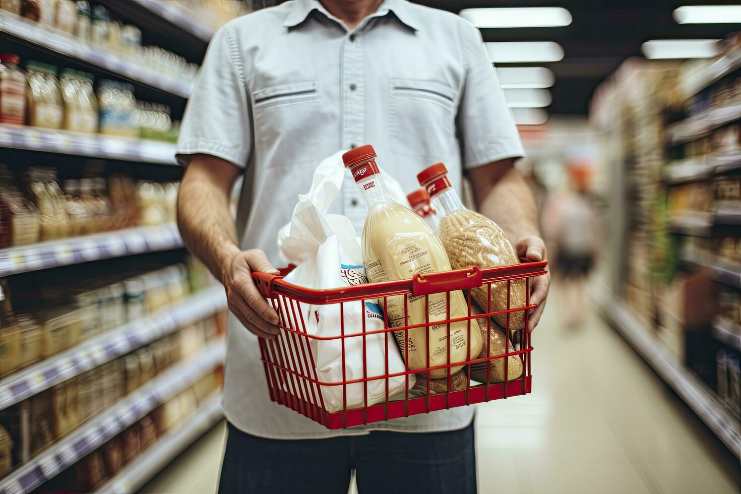 ai generado hombre participación compras cesta con un pan y Leche comestibles en supermercado. ai generado foto