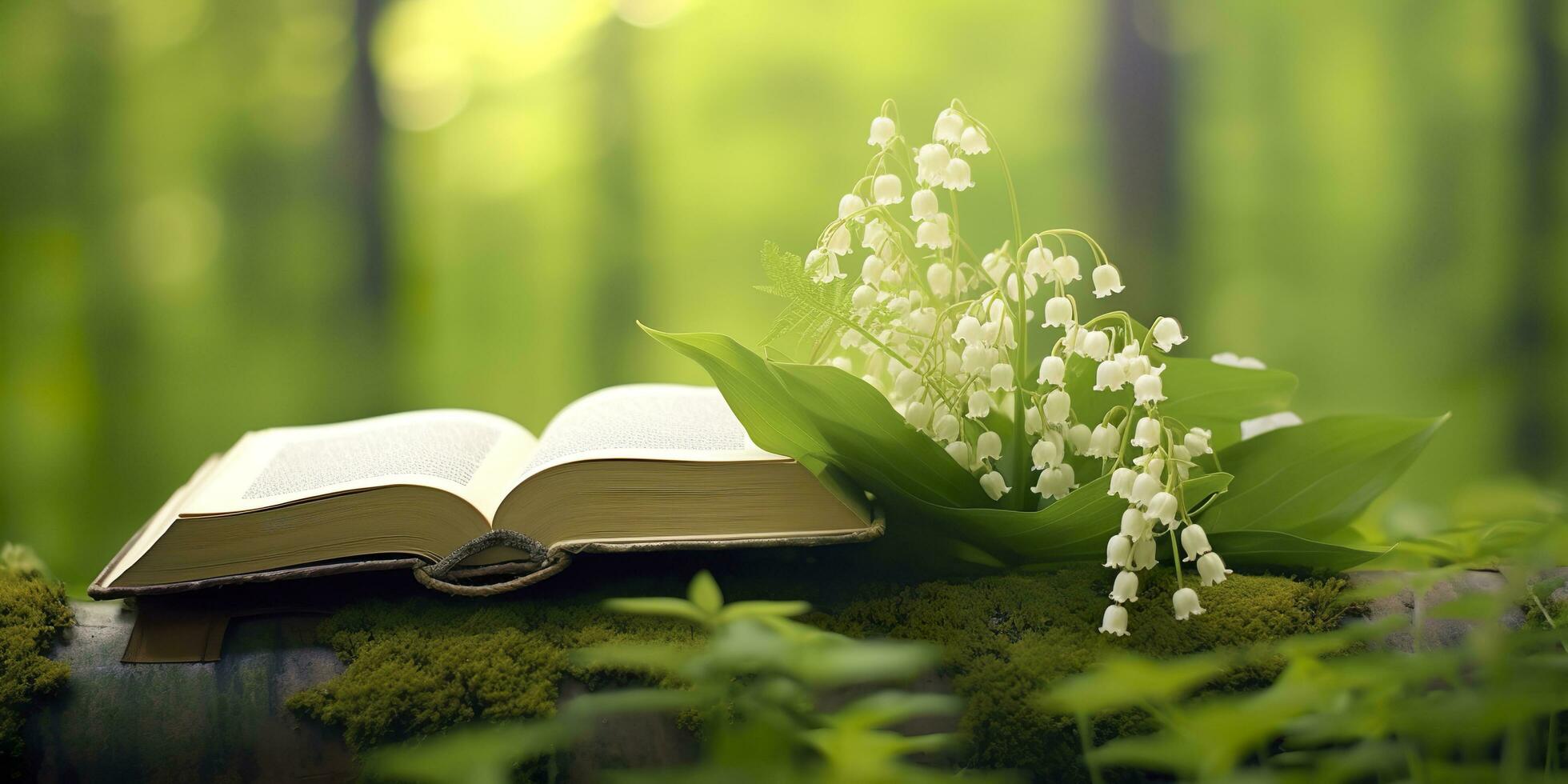 AI generated Lily of the Valley flowers and old books in the forest, green natural background. AI Generated photo