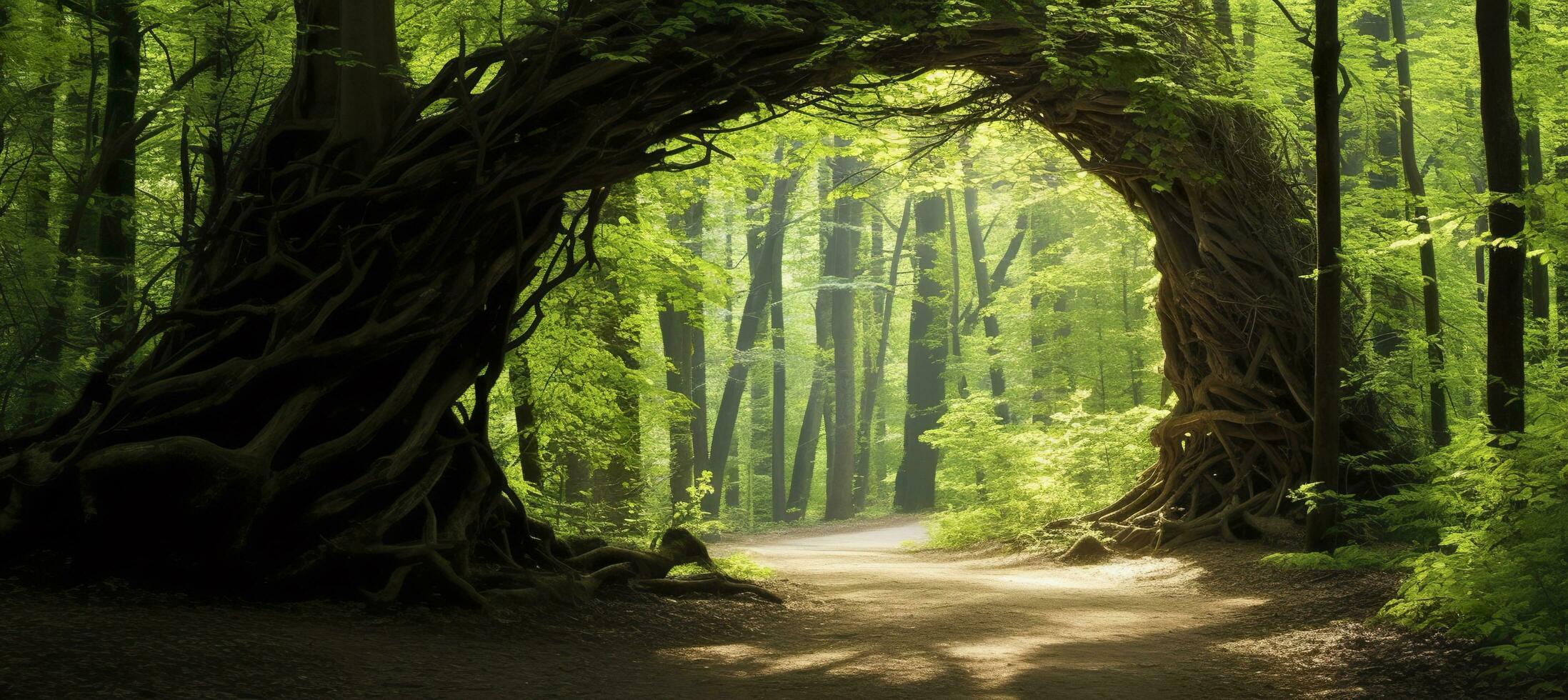 AI generated Natural archway shaped by branches in the forest. AI Generated photo