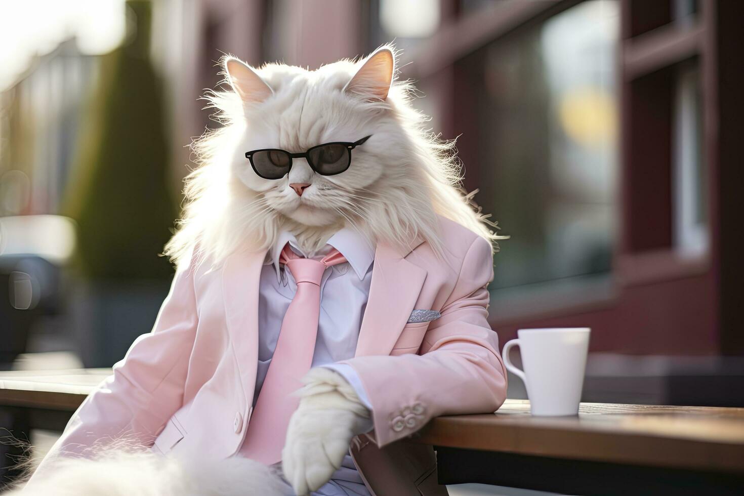 AI generated A cat is wearing sunglasses, suit and standing on street. AI Generated photo