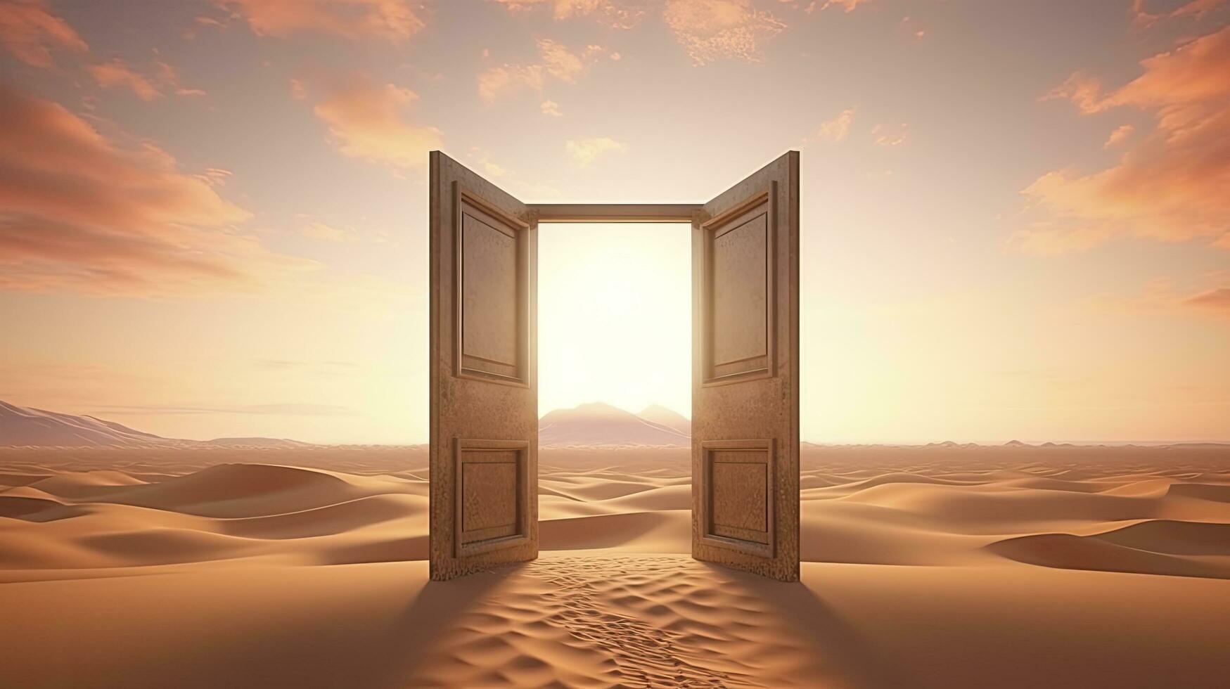 ai generado el abrió puerta en el desierto. desconocido y comienzo arriba concepto. ai generado. foto