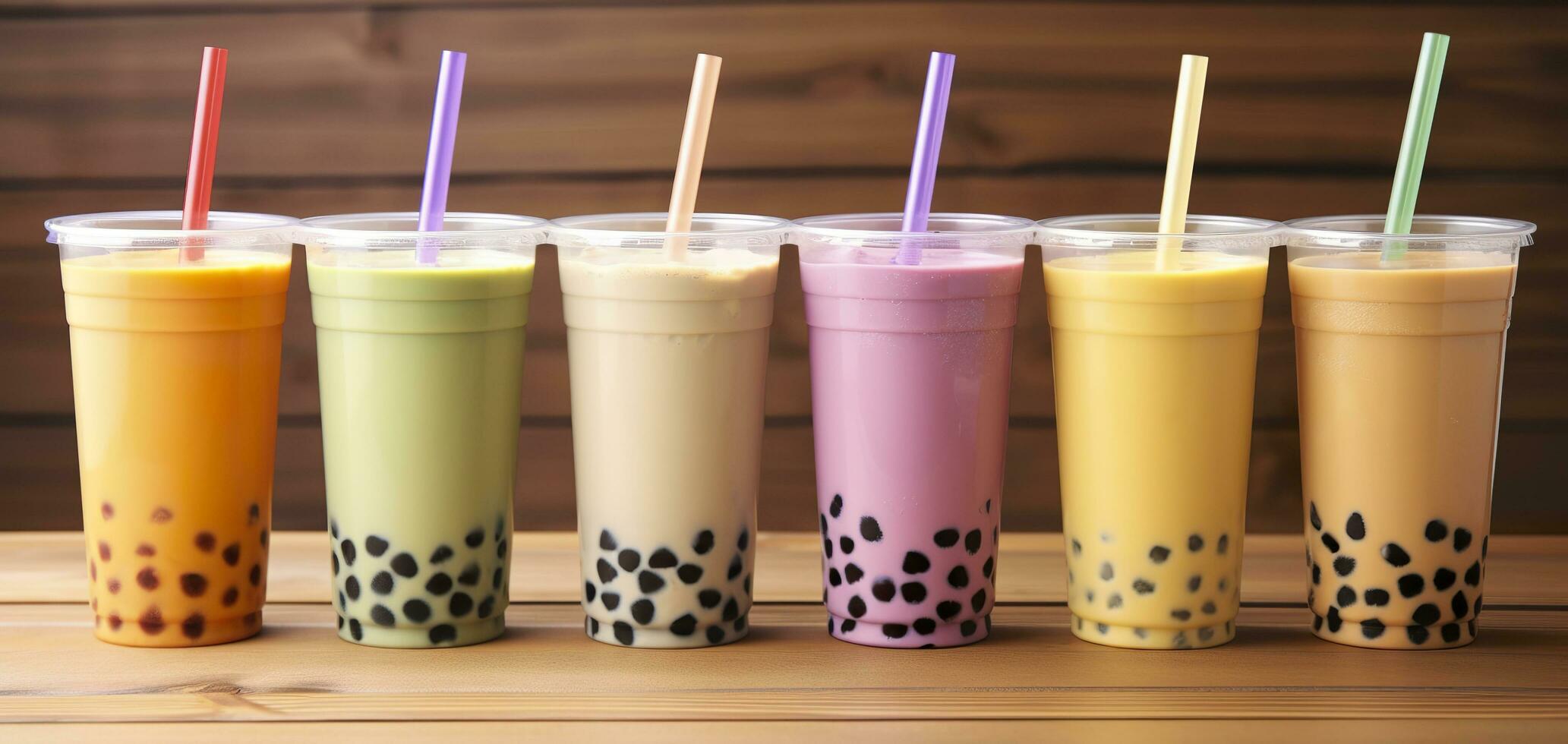 AI generated Plastic cups of different tasty bubble tea on wooden background. Generative AI photo