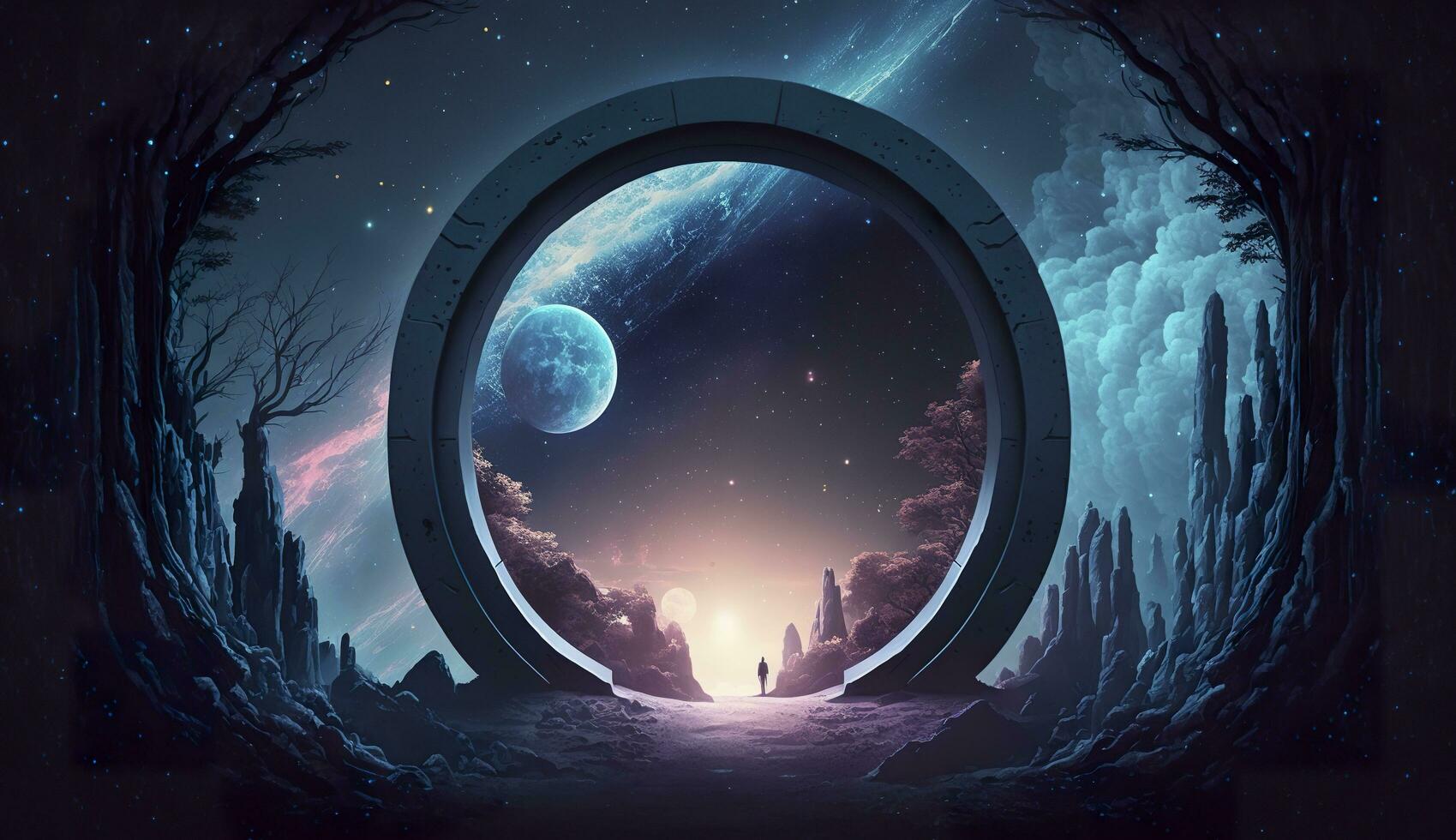 AI generated Portal to another world. Futuristic cosmic landscape with circle tunnel in starry sky. Generative AI photo