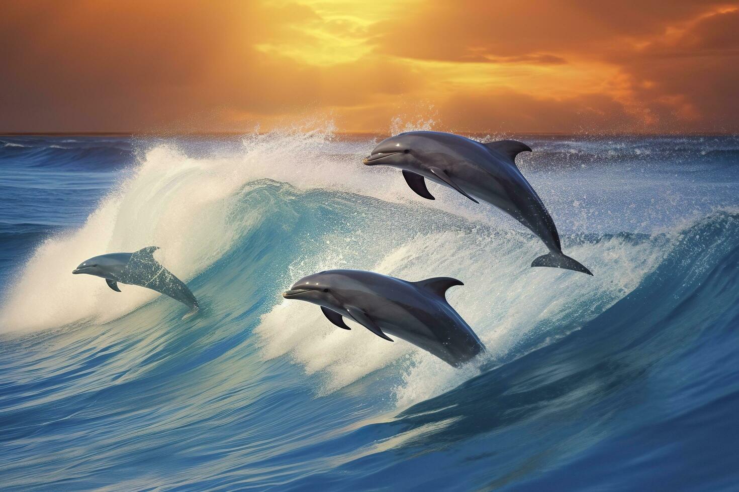 AI generated Playful dolphins jumping over breaking waves. Hawaii Pacific Ocean wildlife scenery. Generative AI photo