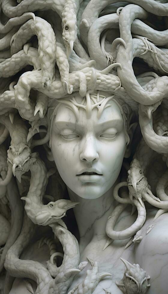 AI generated Portrait of cyborg medusa close up carved in marble. AI Generated photo