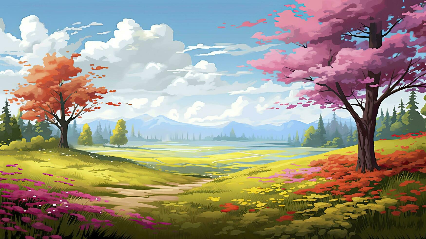 AI generated Spring season with colorful flowers and trees in a pretty meadow or field. AI Generated. photo