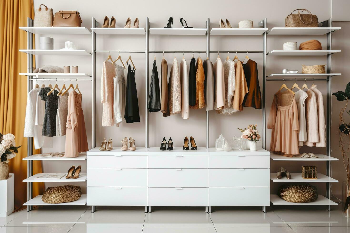 AI generated Stylish female clothes and shoes in a boutique. Generative AI photo