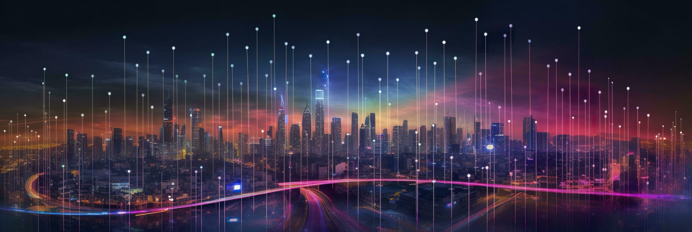AI generated Smart city and abstract dot points connect with gradient lines and aesthetic Intricate wave line design, big data connection technology concept. AI Generated photo