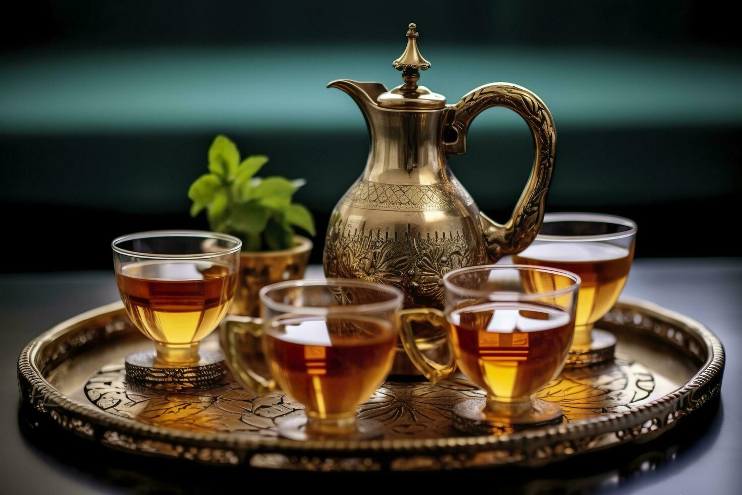 AI generated Traditional Moroccan tea set with decorative teapots, glasses, and mint leaves. Generative AI photo