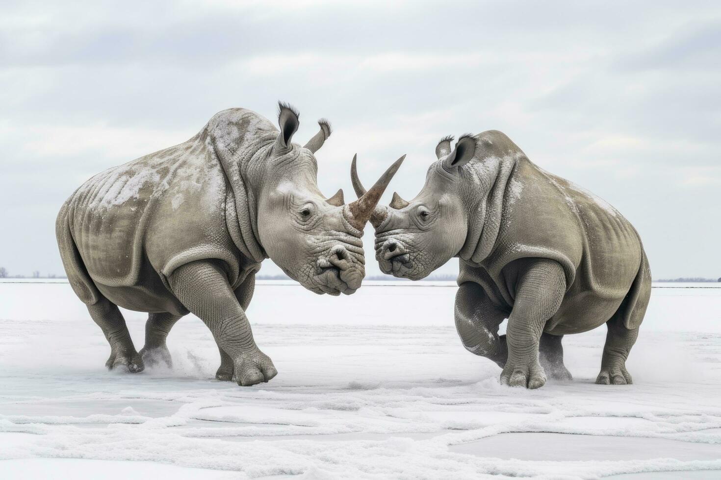 AI generated Two Rhinoceros getting ready for fight on Ice. AI Generated photo