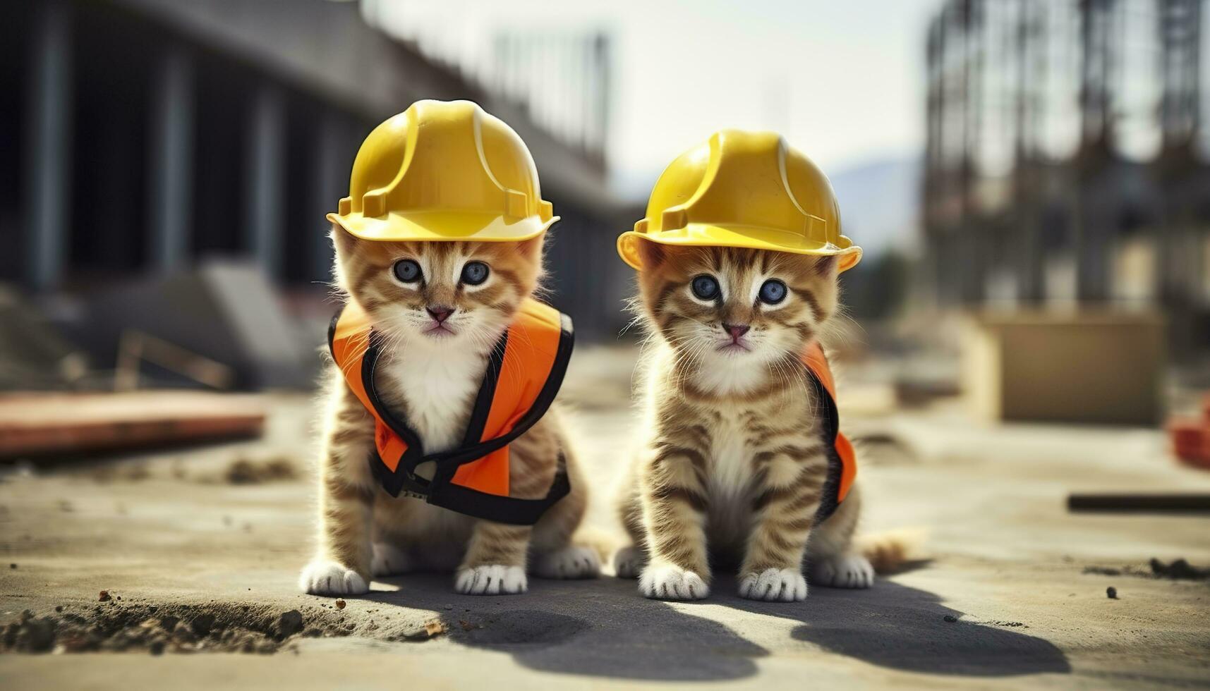 AI generated Two kittens wearing hard hats on a construction site. Generative AI photo