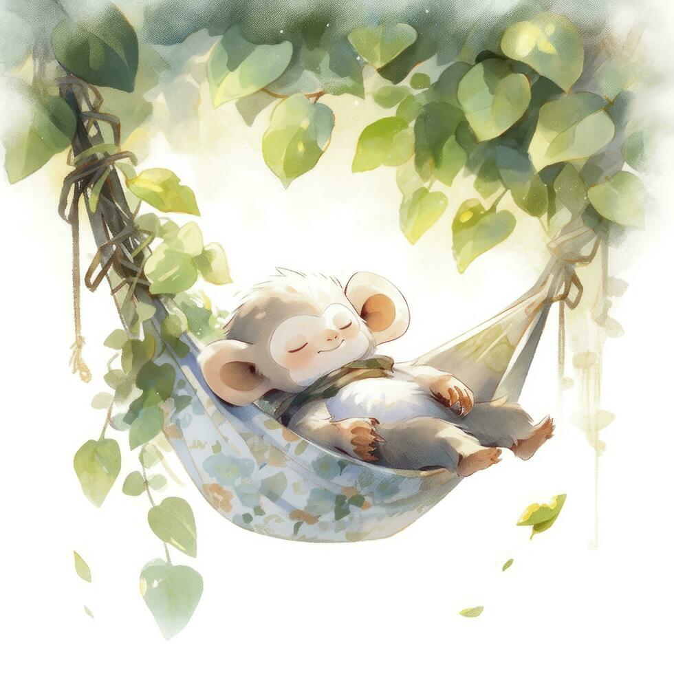 AI generated A sleepy baby monkey in a hammock. watercolor illustration. AI Generated photo