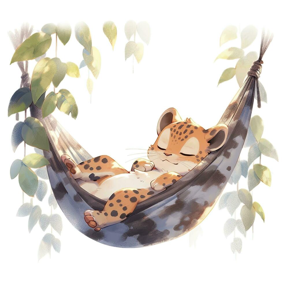 AI generated A sleepy baby leopard in a hammock. watercolor illustration. AI Generated photo