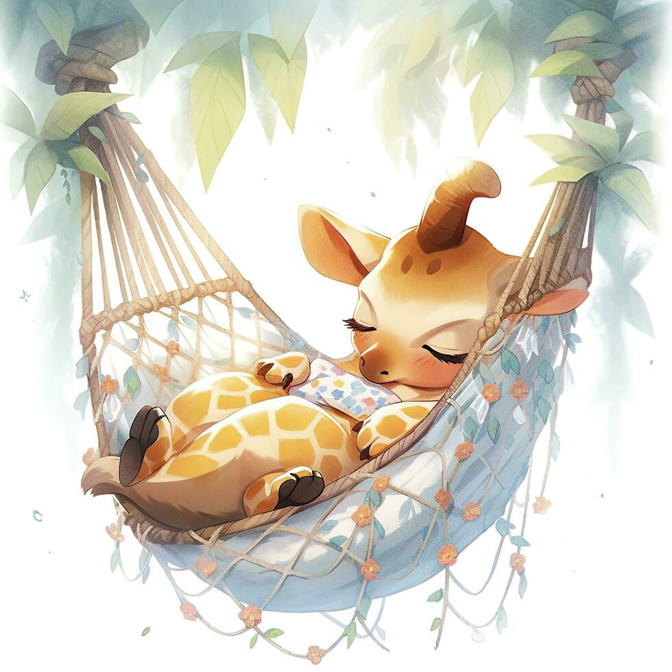 AI generated A sleepy baby giraffe in a hammock. watercolor illustration. AI Generated photo