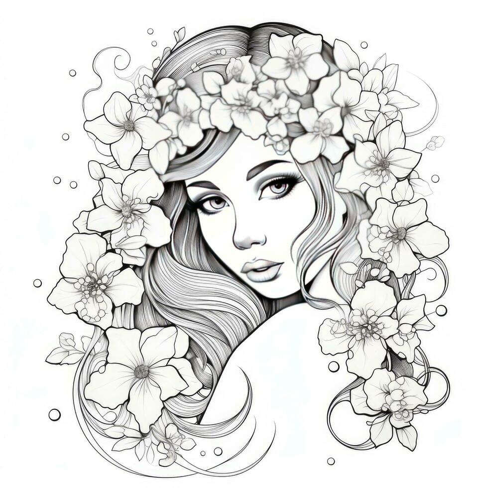 AI generated A girl on a coloring book page with Jasmine flowers. AI Generated photo