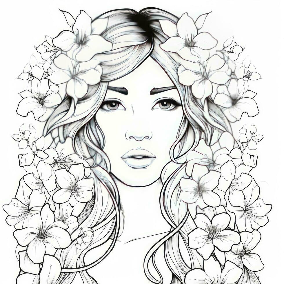 AI generated A girl on a coloring book page with Jasmine flowers. AI Generated photo