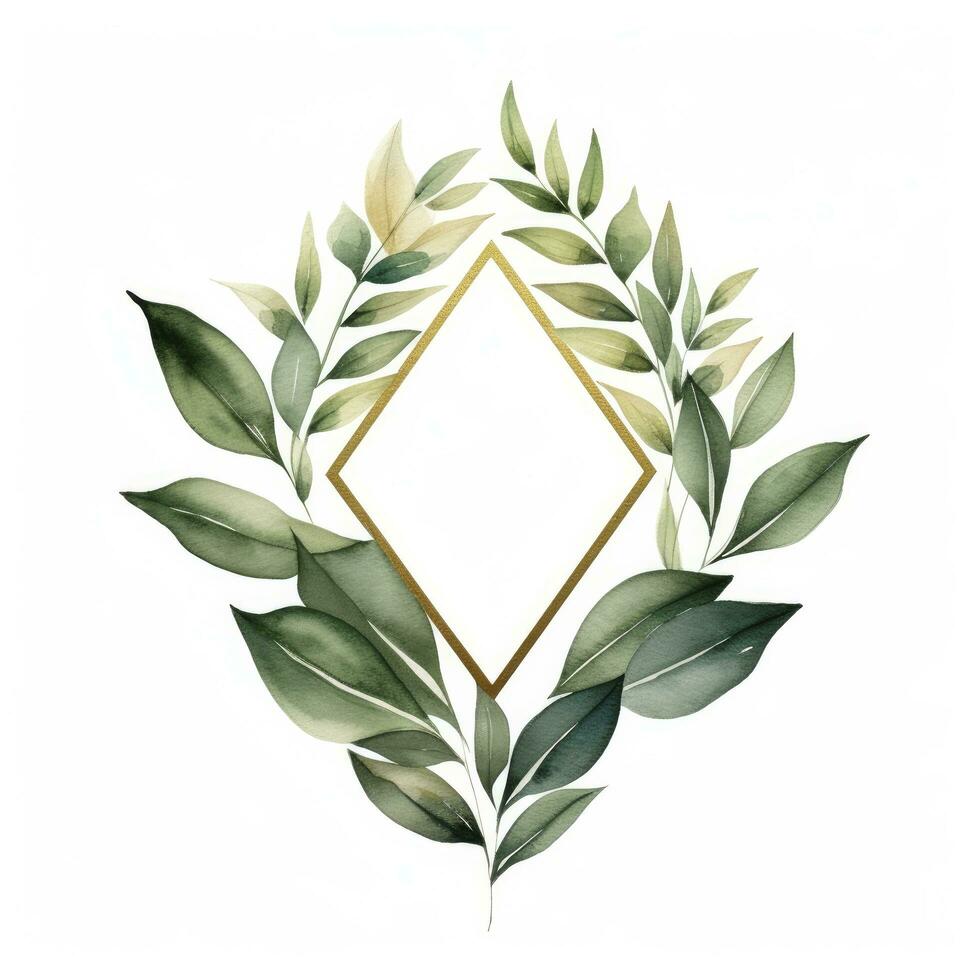 AI generated Watercolor geometry shape wreath with green leaf. AI Generated photo