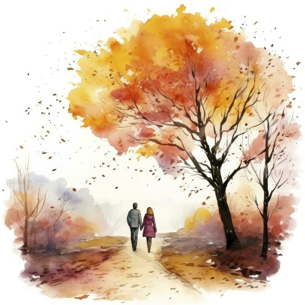 AI generated Watercolor autumn landscape with a couple walking. AI Generated photo