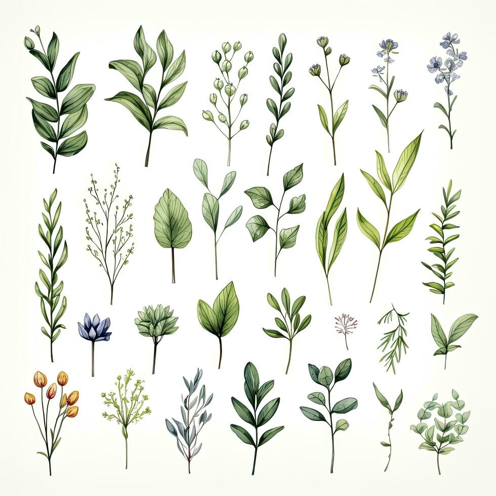 AI generated Collection of watercolor herbs clipart on white background. AI Generated photo