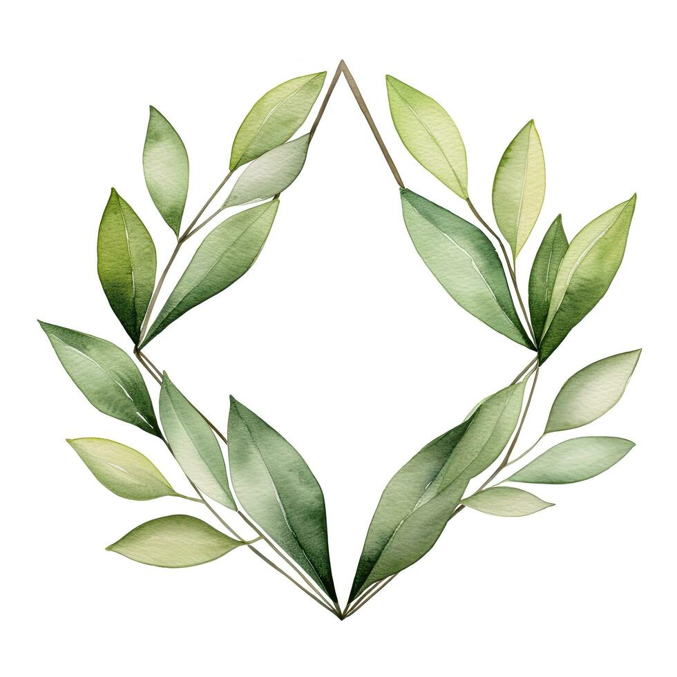 AI generated Watercolor geometry shape wreath with green leaf. AI Generated photo