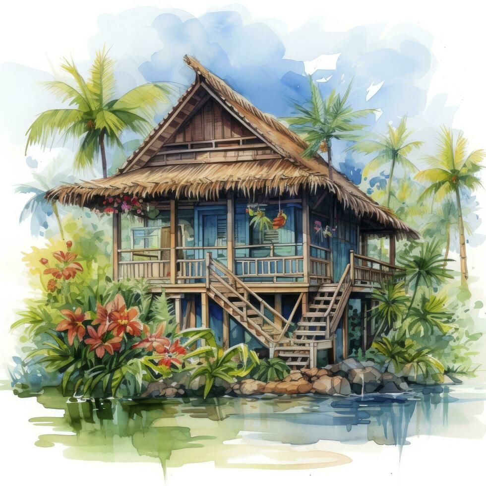 AI generated A watercolored bright serene image of a traditional bahay kubo. AI Generated photo