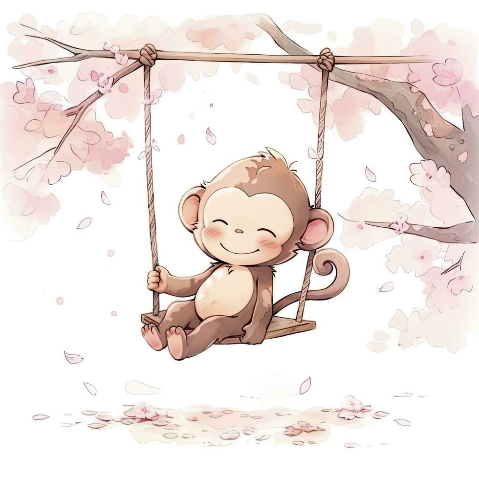 AI generated Cute happy baby monkey on swings on a tree in watercolor. AI Generated photo