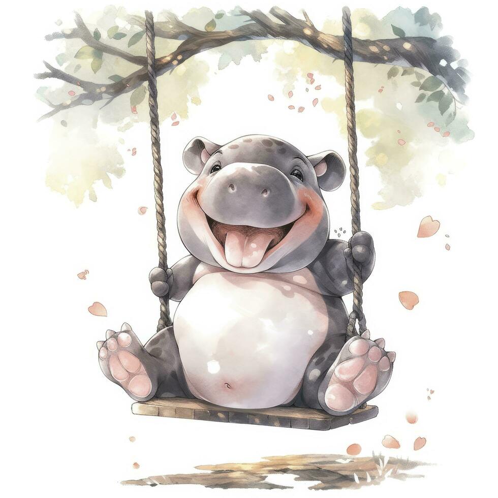 AI generated Cute happy baby rhino on swings in the tree in watercolor style. AI Generated photo