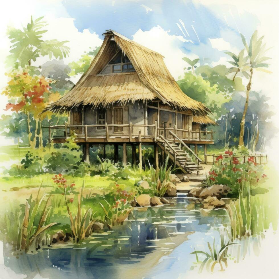 AI generated A watercolored bright serene image of a traditional bahay kubo. AI Generated photo