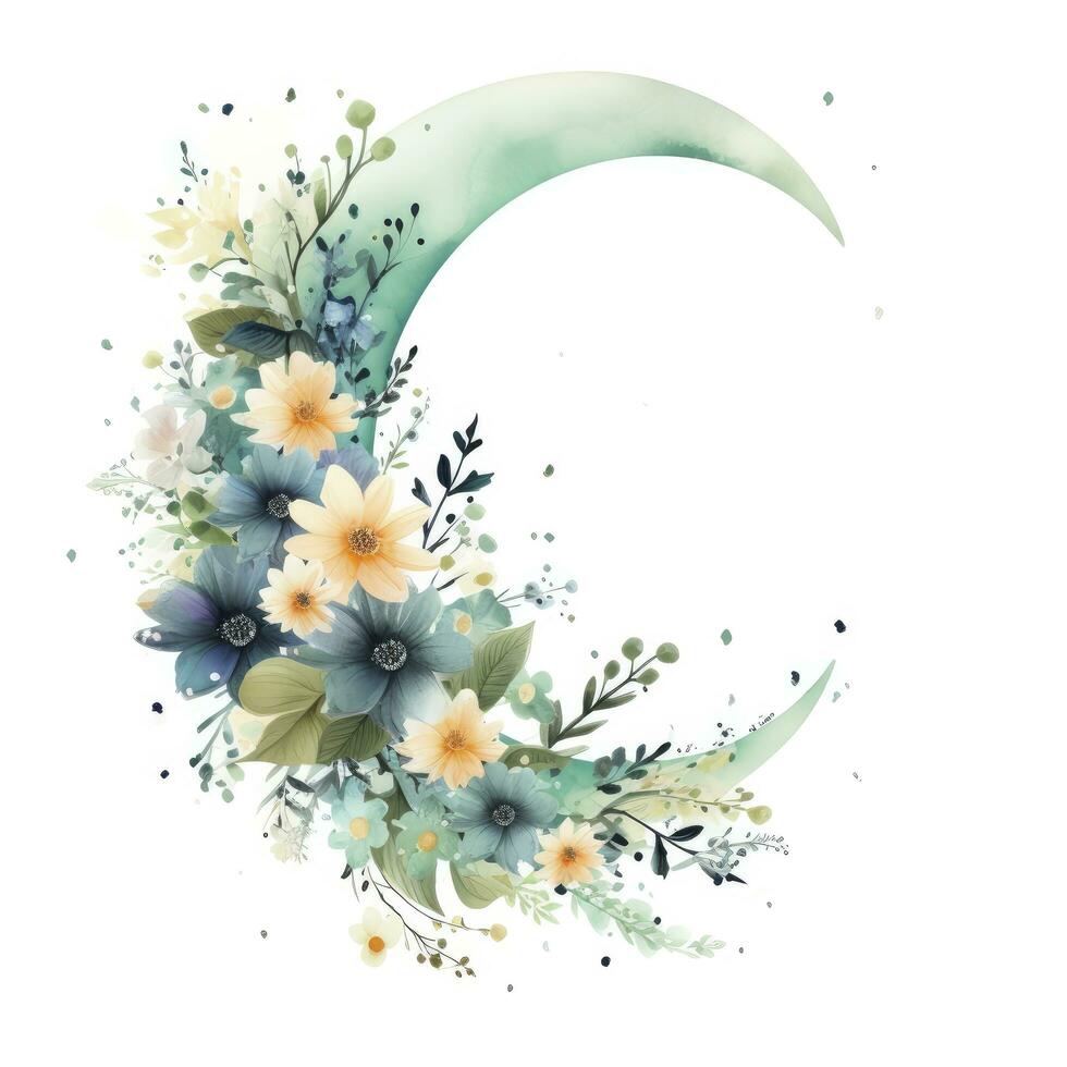 AI generated Watercolor floral Moon with greenery on a white background. AI Generated photo