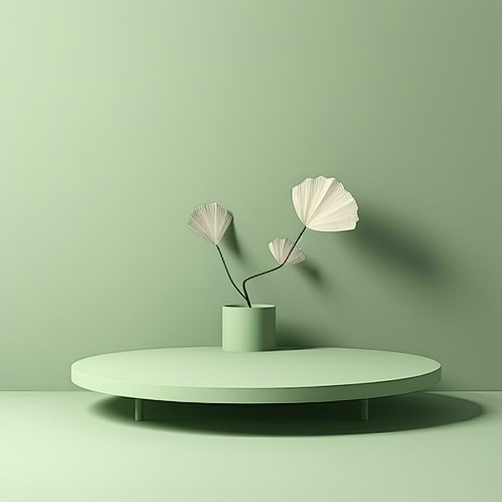 AI generated Empty podium with Ginkgo Biloba leaves and shadows on pastel green background.  AI Generated. photo