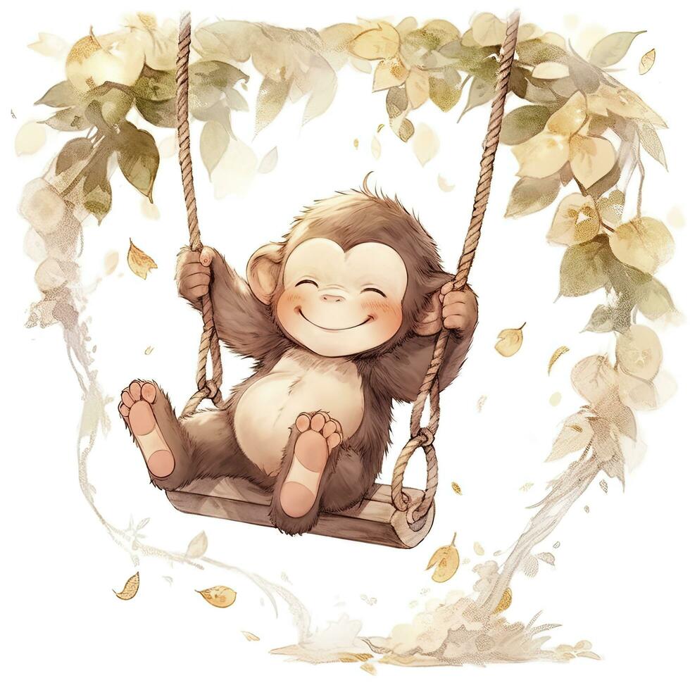 AI generated Cute happy baby monkey on swings on a tree in watercolor. AI Generated photo