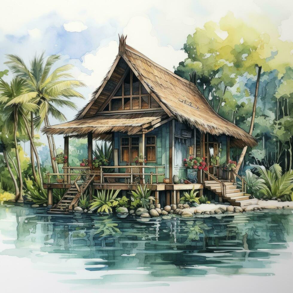 AI generated A watercolored bright serene image of a traditional bahay kubo. AI Generated photo