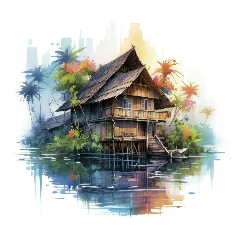 AI generated A watercolored bright serene image of a traditional bahay kubo. AI Generated photo