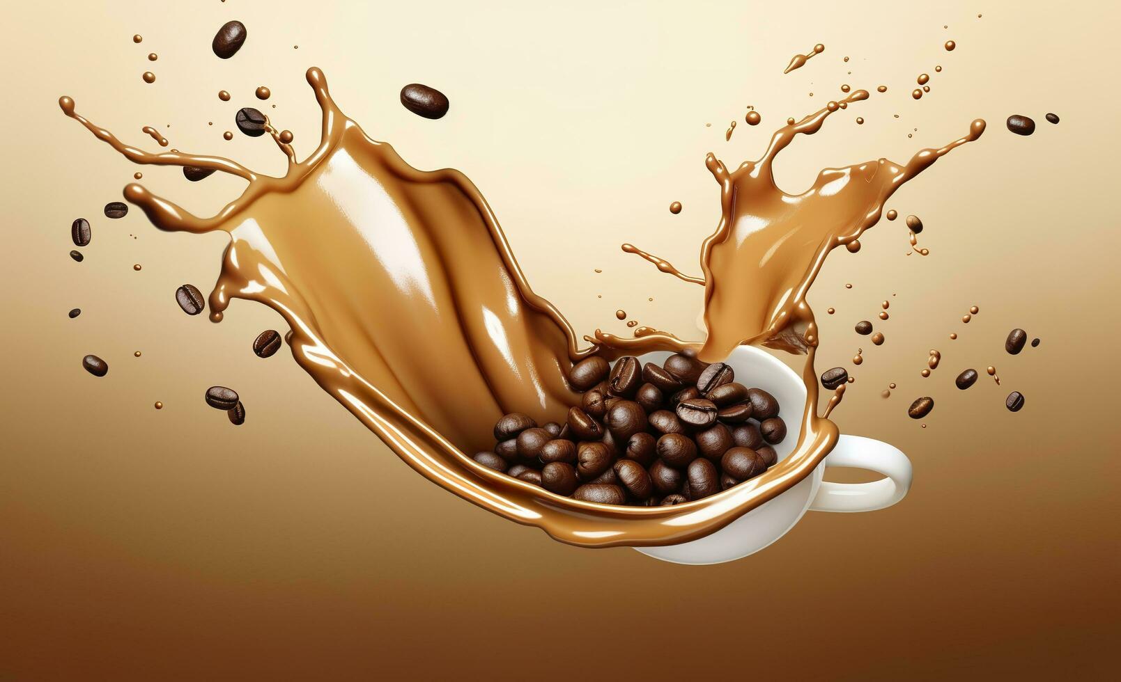 AI generated hot liquid coffee splash with Coffee Bean falling, 3d illustration. AI Generated photo