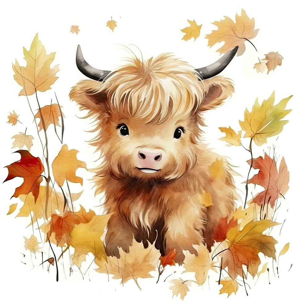 AI generated Happy cute baby highland cow in autumn leaves in the watercolor style. AI Generated photo