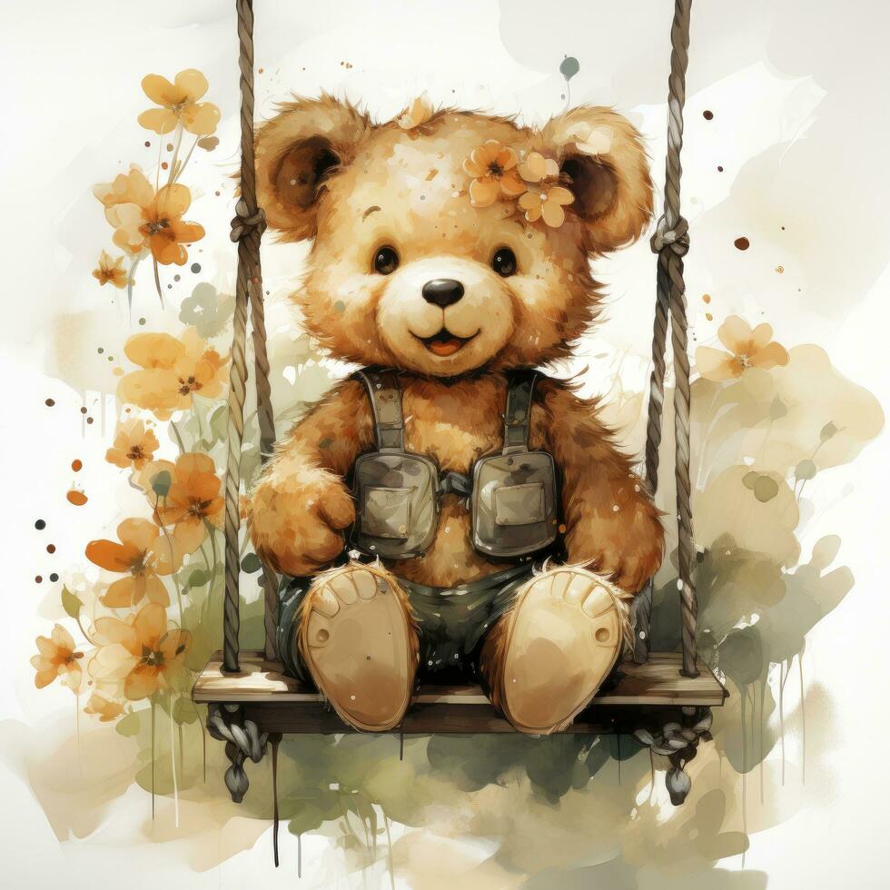 AI generated A cute happy teddy bear swings on a tree on a white background. AI Generated photo