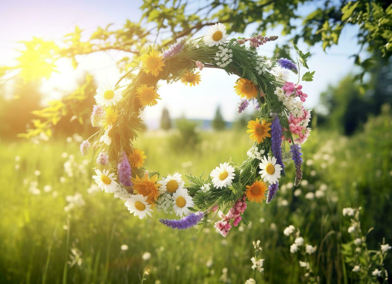 AI generated Rustic wildflowers wreath on a sunny meadow. Summer Solstice Day, Midsummer concept. Generative AI photo