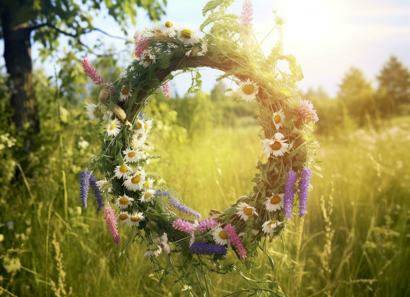 AI generated Rustic wildflowers wreath on a sunny meadow. Summer Solstice Day, Midsummer concept. Generative AI photo